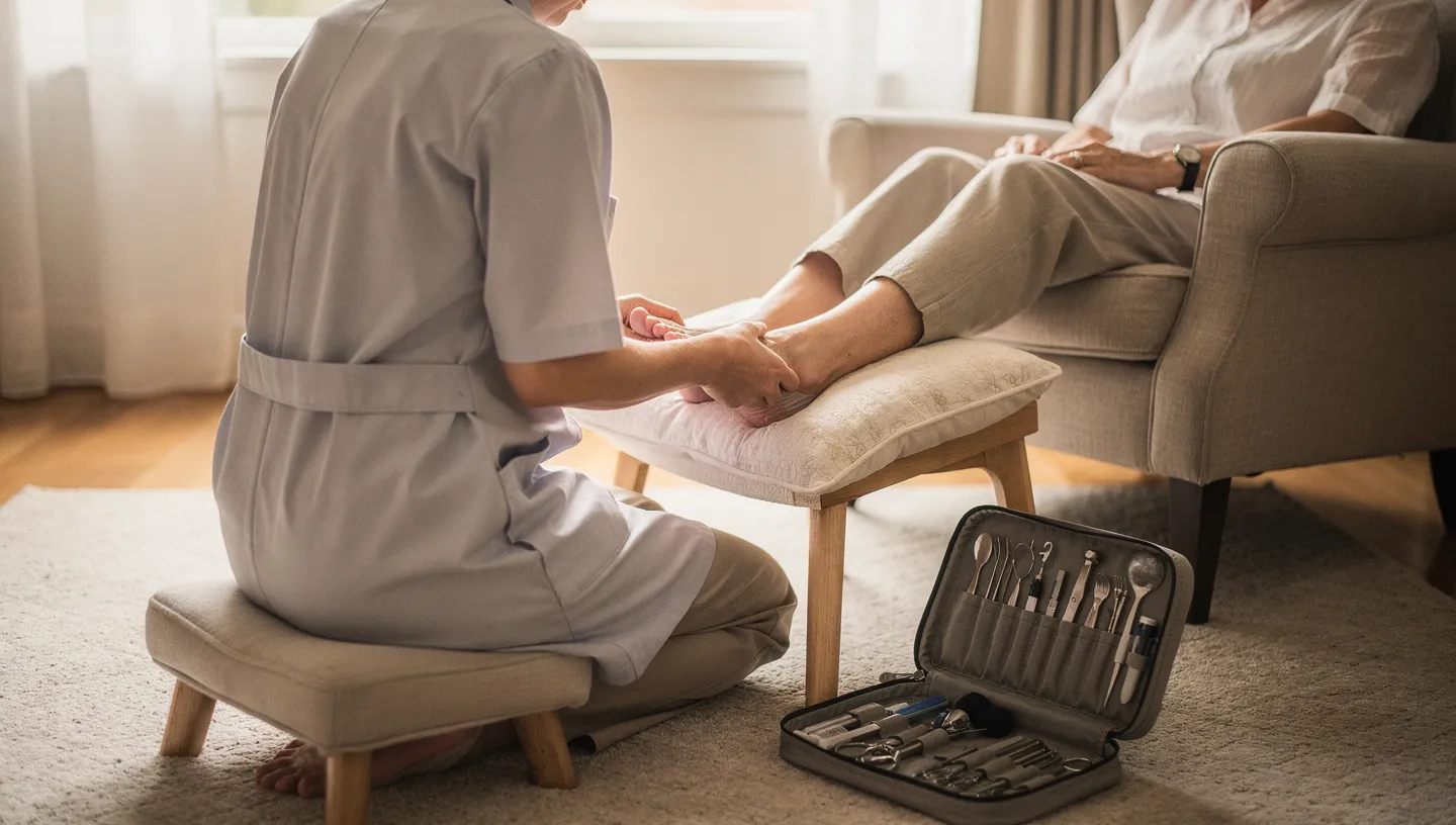 Une praticienne, de dos, soigne le pied d'une cliente installée dans son fauteuil, le pied posé sur un repose-pied, dans un salon lumineux.