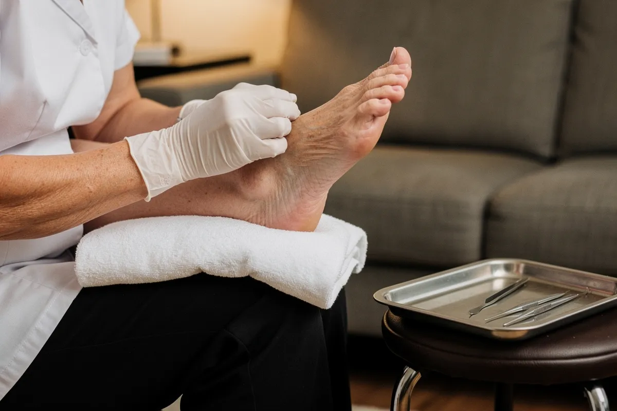 Une praticienne gantée observe attentivement la plante du pied d'une personne âgée, posé sur une serviette.